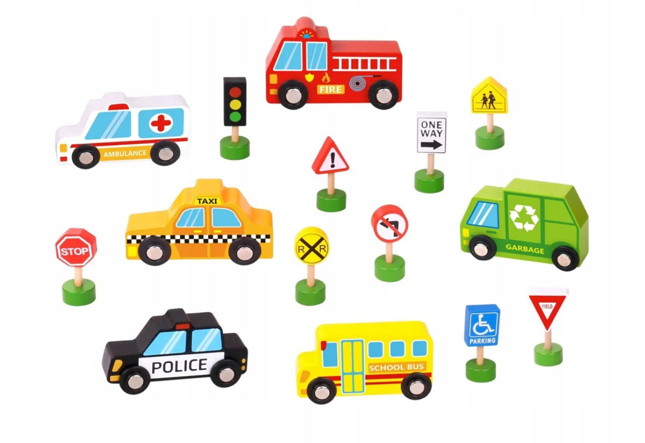 סט מכוניות ותמרורים מעץ