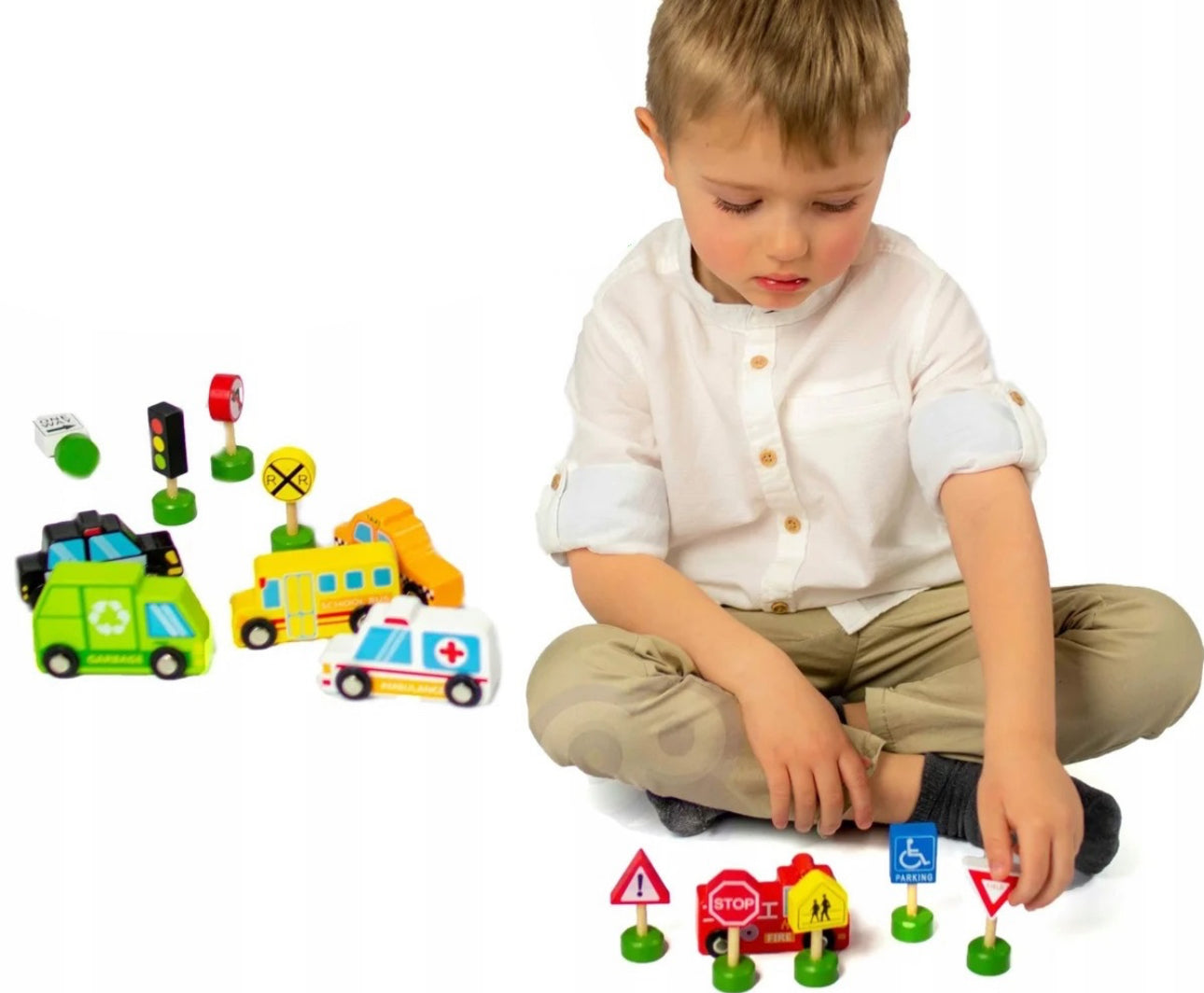 סט מכוניות ותמרורים מעץ